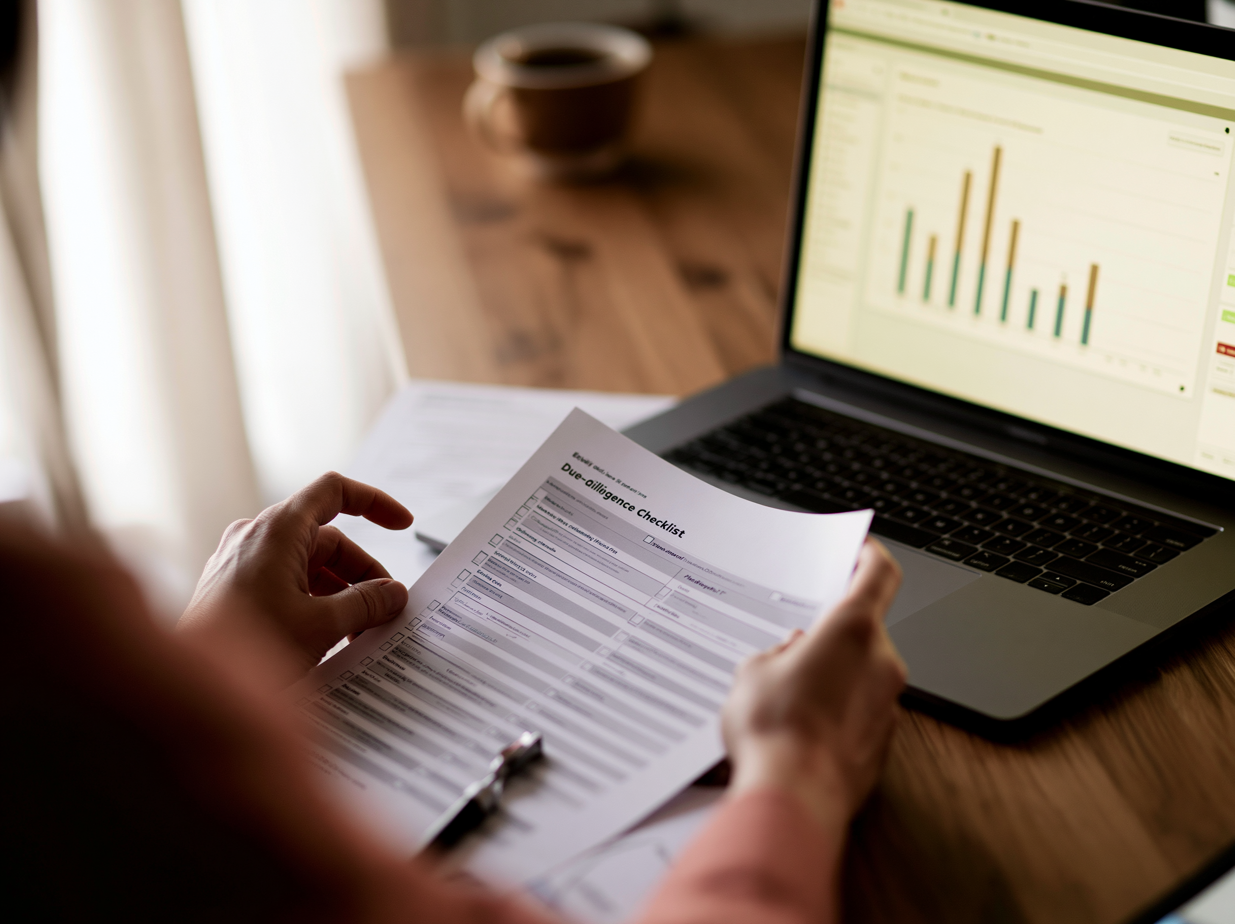 Compliance officer reviewing a vendor due-diligence checklist alongside a laptop dashboard